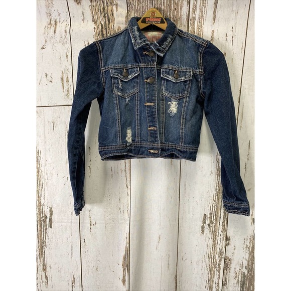 Junior's Rue 21 Dark Wash Distressed Denim Jacket Size Small - Picture 1 of 4